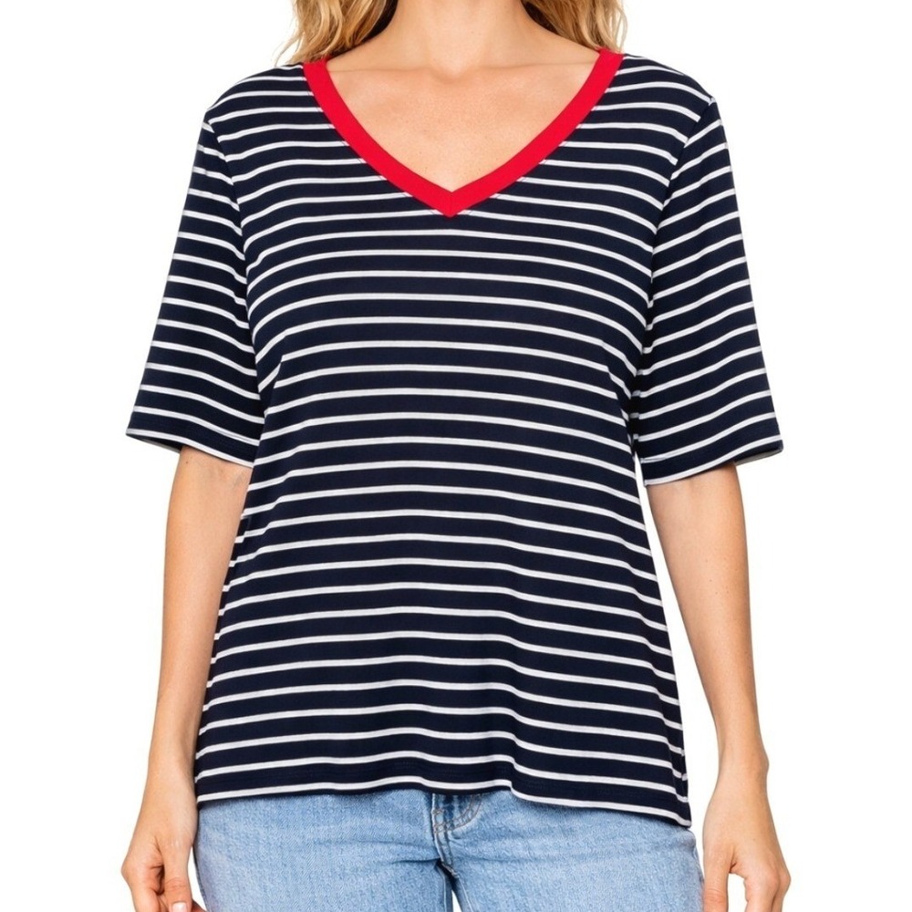Tommy Hilfiger NWT Womens Navy Blue White Striped V-Neck T-Shirt Red Trim XL